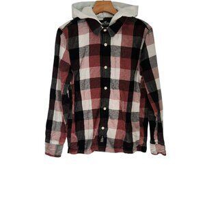 Hollister Hooded Flannel Shirt Black White Red Checkered Mens Size XS EUC